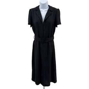Monteau Midi Shirt Dress Womens L Black Belted Button Up Collared Short Sleeves